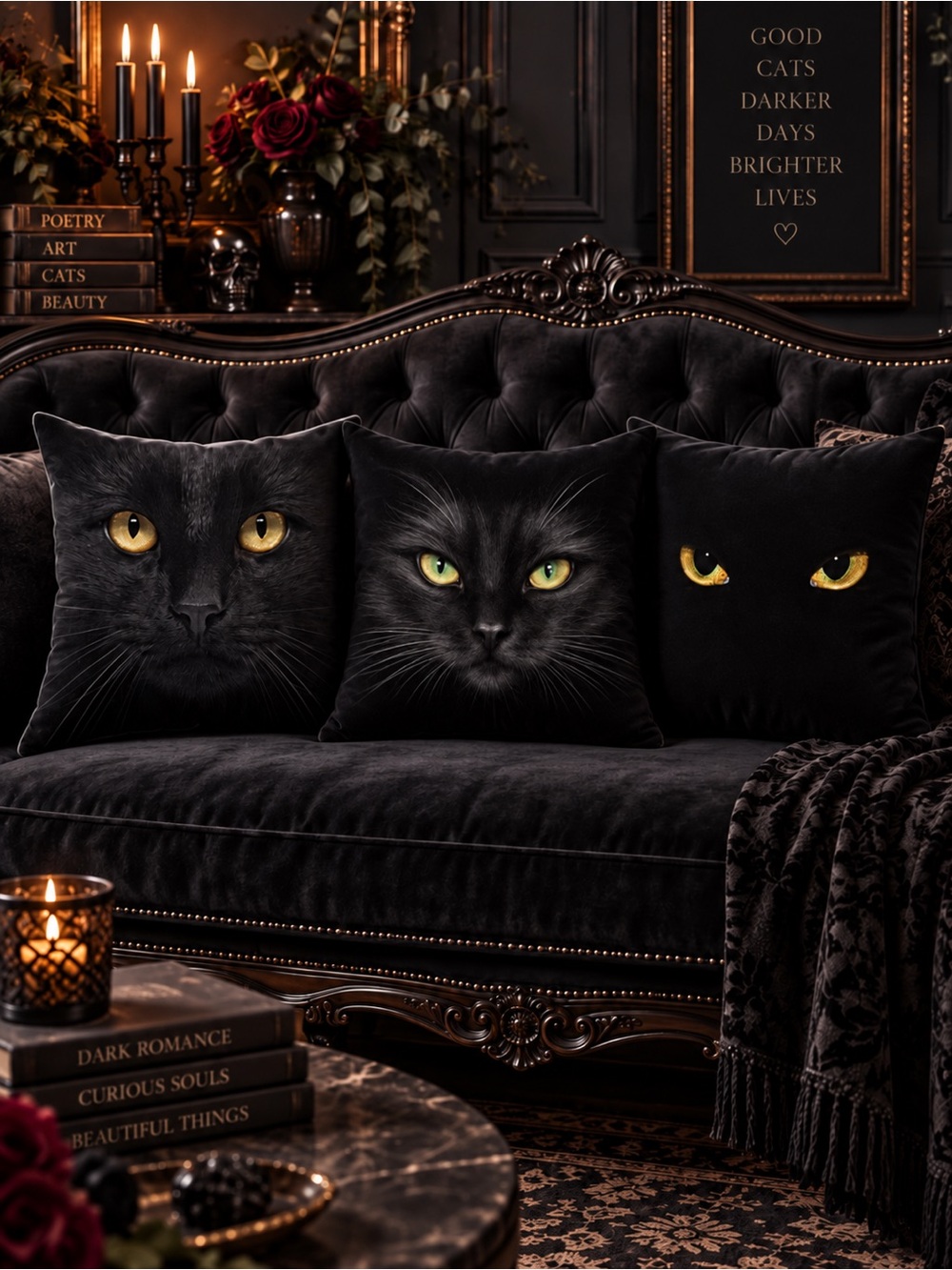 Set of 3 Black Cat Gothic Accent Pillow Covers 18x18 Yellow Eyes NWT